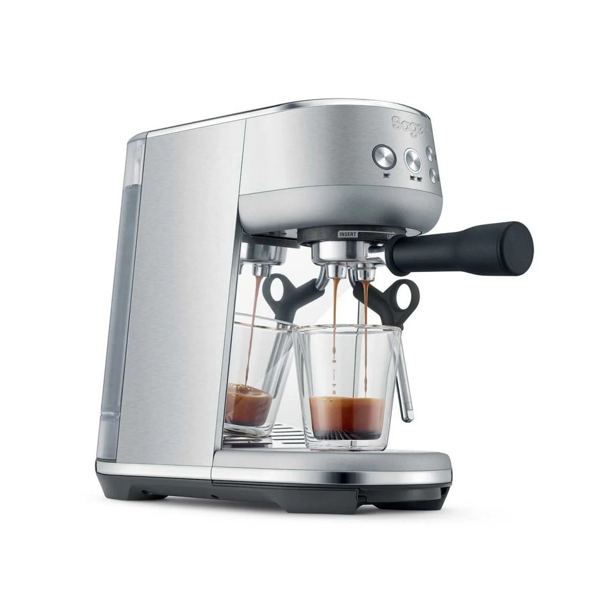 Sage The Bambino espresso machine - side view brewing double espresso