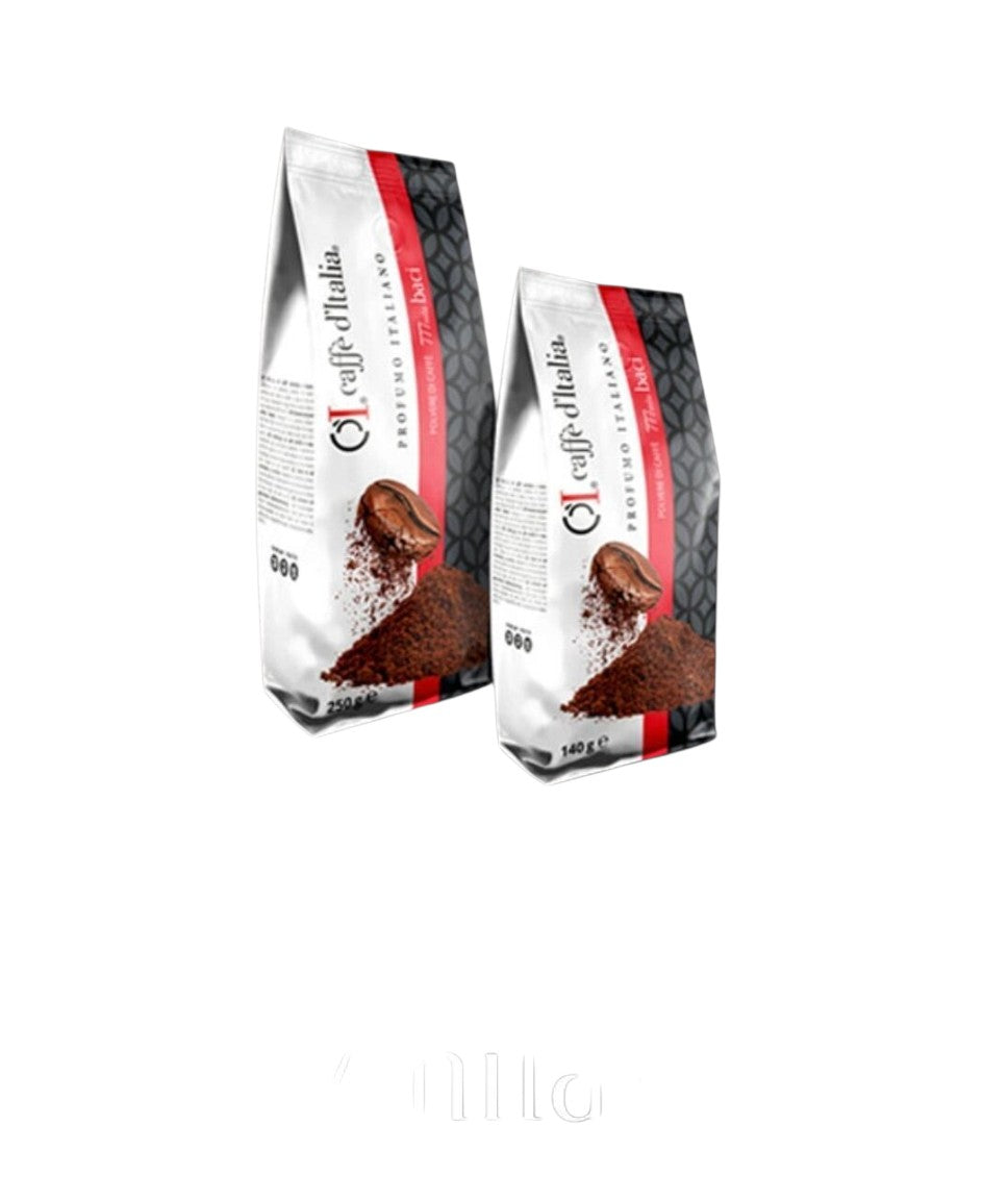 Caffe D'Italia UK - CoffeHome 777 Mila Baci ground coffee bags featuring a Robusta and Arabica blend on black background