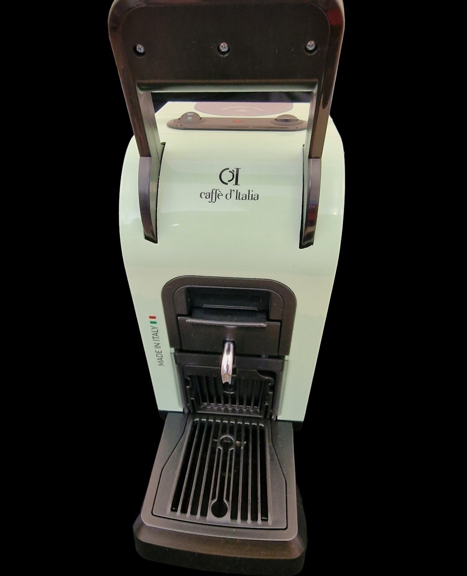 Caffe D'Italia UK - CoffeHome BIRBA capsule coffee machine in pastel green with black accents and Made in Italy label