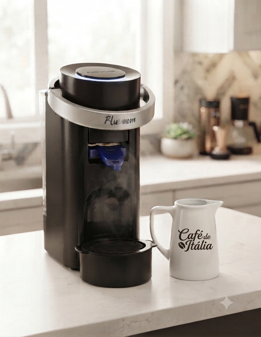 Caffe D'Italia UK - CoffeHome matte black single-serve coffee machine with silver accents on a kitchen countertop.