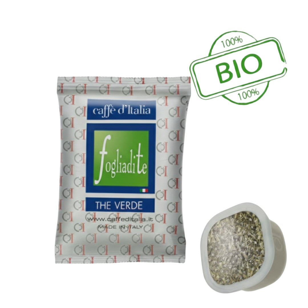 Embalagem e cápsula de chá verde Fogliadite da Caffe D'Italia UK - CoffeHome com sabor a limão e selo bio.