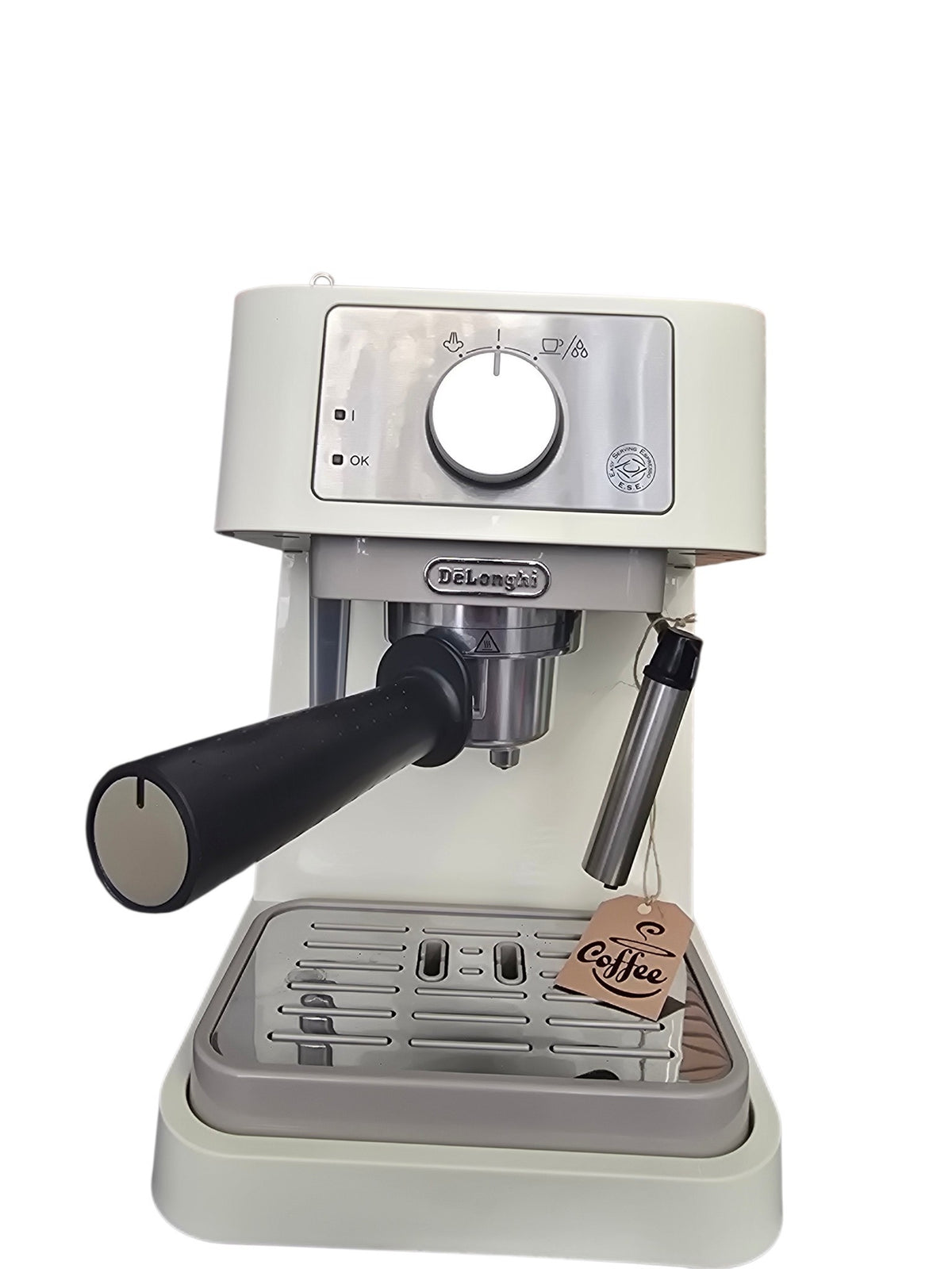 Caffe D'Italia UK - CoffeHome DeLonghi pump espresso machine in cream with a manual milk frother and control dial.