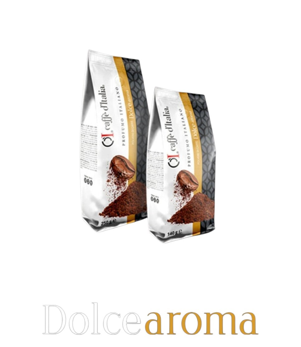 Two bags of Caffe D'Italia UK - CoffeHome Dolce Aroma ground coffee with coffee beans and grounds on a white background