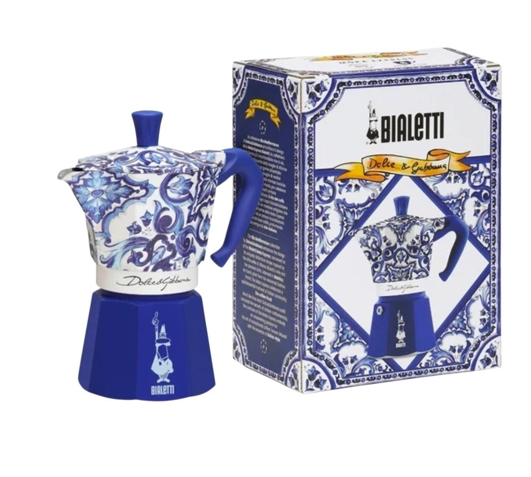 Caffe D'Italia UK - CoffeHome Dolce&Gabbana Bialetti Moka Express coffee maker with blue and white Sicilian print
