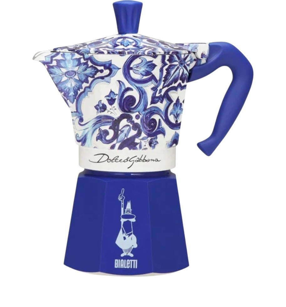 Caffe D'Italia UK - CoffeHome Dolce&Gabbana Bialetti Moka Express coffee maker with blue and white Sicilian print.