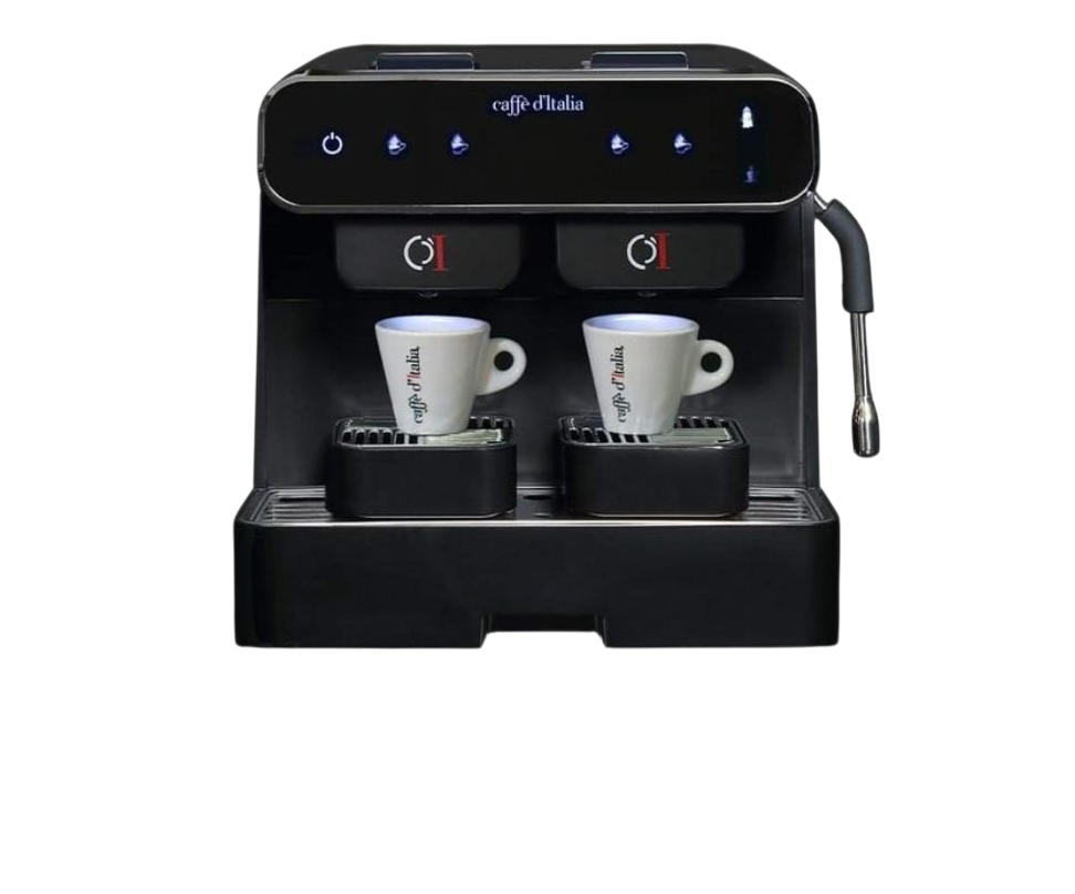 Caffe D'Italia UK - CoffeHome DUO black dual capsule coffee machine with steam wand and two espresso cups