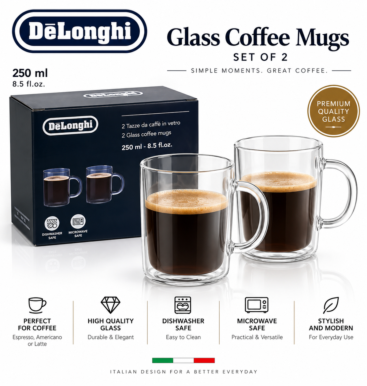 De'Longhi Glass Coffee Mugs Set of 2, 250 ml