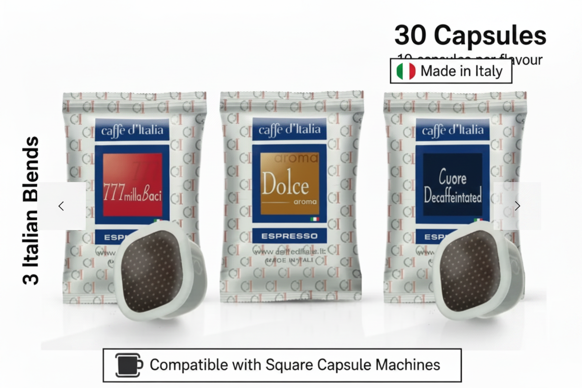 Square Capsule Tasting Selection 30 Capsules - 2 Blends & 1 Decaf, Made in Italy