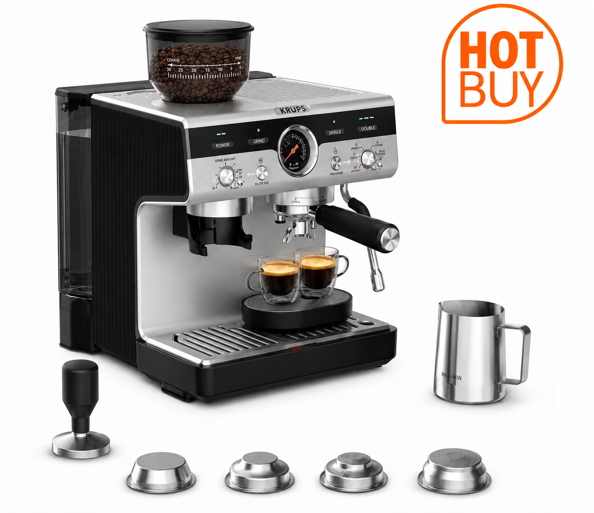 Krups Precision Steam & Pump Espresso Coffee Machine with Grinder in Black & Stainless Steel